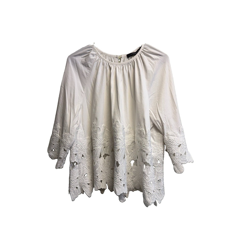 Marc New York Women's White Floral Embroidered Knit Blouse 3/4 Sleeve L